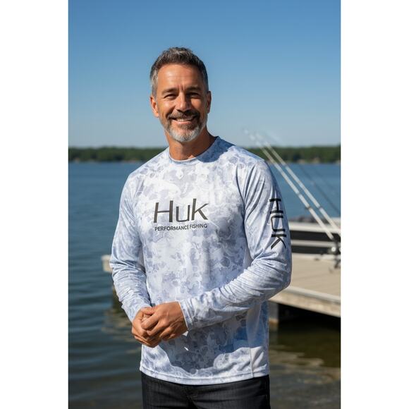 HUK Men’s Long Sleeve, Performance Fishing 50+ UPF Shirts LIGHT GRAY MEDUIM - Picture 1 of 3